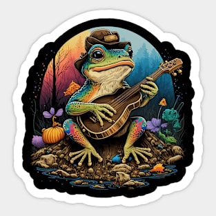 Cottagecore aesthetic cute frog playing ukelele on Mushroom Sticker